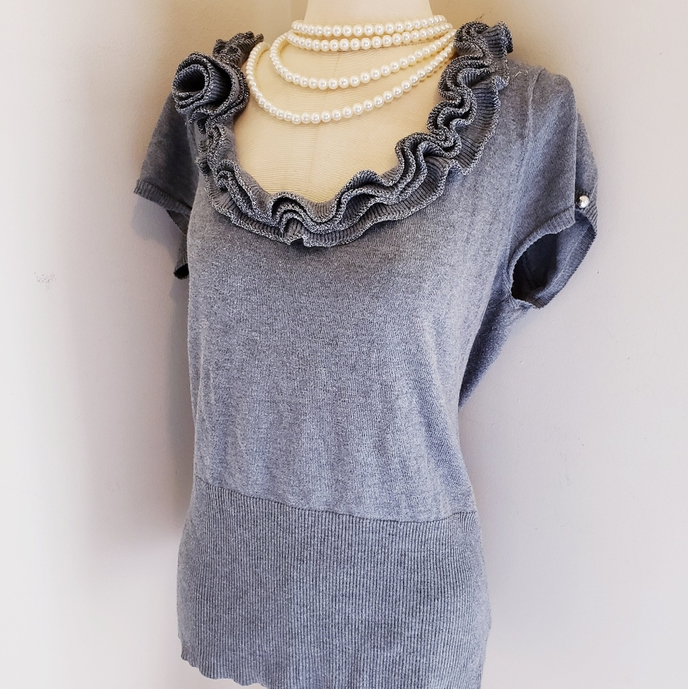 Cache Vintage Gray Rosette Lightweight Sweater - image 3